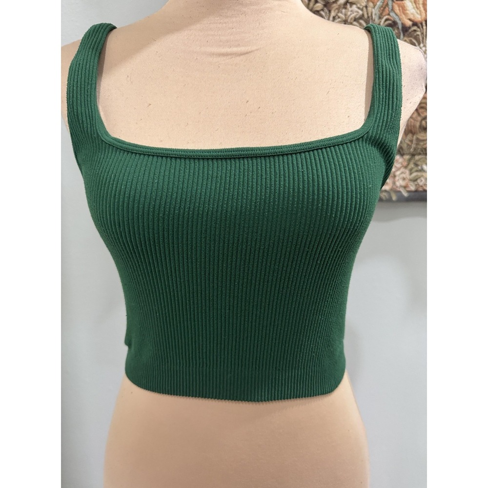 Zara Tank Top Womens M-L Green Ribbed Square Neck Cropped Knit Stretch Top
